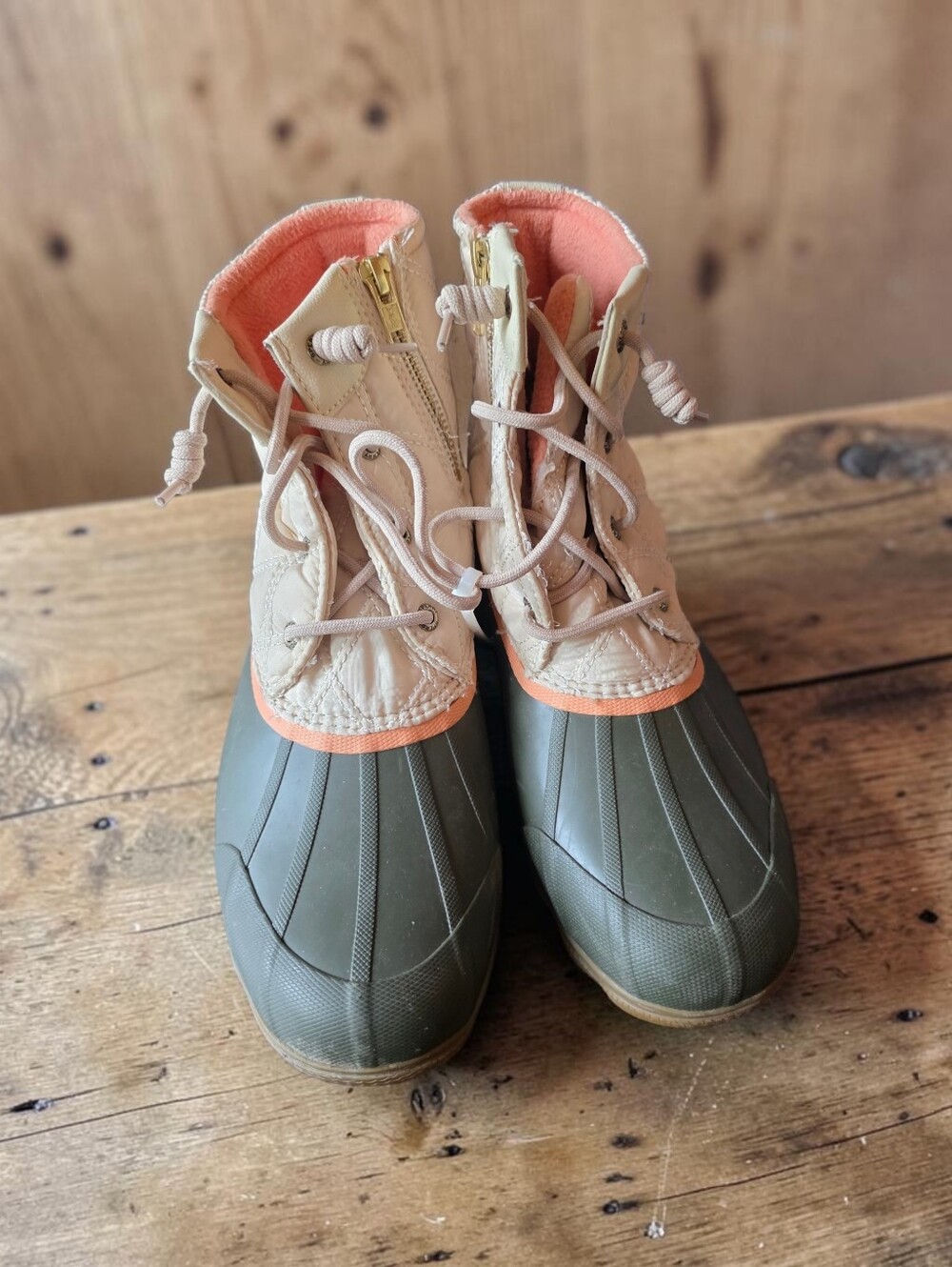 Sperry Olive and Peach Waterproof Duck Boots with Side Zip